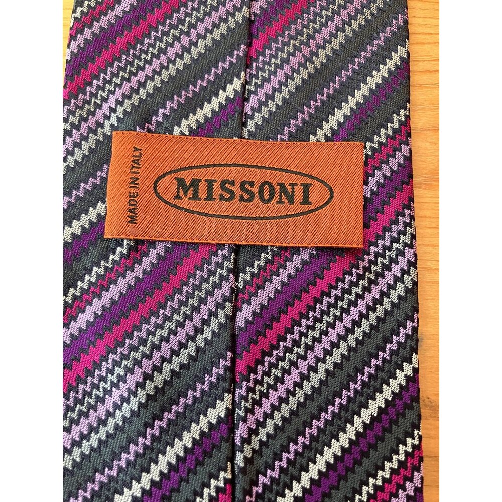 MISSONI Men's Tie Silk Black Purple Grey Handmade Italian Zigzag 59x3,25"